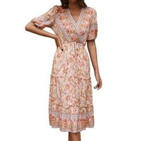 Midi Haljine Labava ljetna haljina za žene tiskane V izrez Srednja duljina haljina s drvenim ušnim rubom