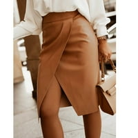 Suknja za žene PU kožna čvrsta boja visoki struk omotani split duga suknja smeđa s