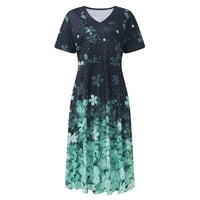 Ljetne haljine za žene Dužina koljena kratki rukav modni rukav A-linijski ispisani V-izrez haljina zelena