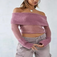 Ženski pleteni usevi modni ramena pune boje majice s dugim rukavima obrezani džemper
