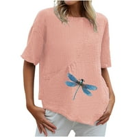 Yyeselk pamučni posteljini tunički vrhovi za dame slobodno vrijeme kratkih rukava okrugli vrat Ugodne bluze Moda lijepa zmajsko ispis ljetne ženske majice Pink xxl