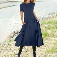Ljetne haljine za žene kratki rukav Srednja dužina Slobodno vrijeme A-Line Solid okrugla dekoltena haljina