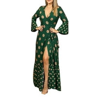 Hanas haljine Ženske modne V-izrez s dugim rukavima za dugih rukava od prevelike duge haljine zelene