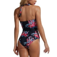 LHKED ženski jednodijelni kupaći kostimi s rukavima V-izrez Čvrsti cvjetni ispisani kupaći kostimi za