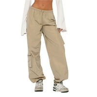 Ženske hlače sa čvrstim bojama, podesive vučne elastične struke hlače široke noge, multi-džepne jogging