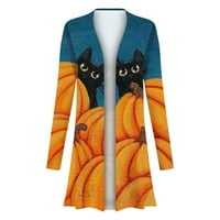 Halloween Cardigan za žene Pumpkin CAT Print pleteni kardigani s dugim rukavima Otvoreni džemperi pleteli