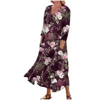 Amousa haljine Ženski casual udoban cvjetni print Tri četvrtine rukava pamučna haljina džepa