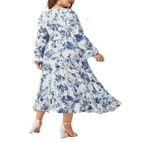 Elegantni rukav cvjetni print tisak V izrez Linijsko plava i bijela plus rukavske haljine