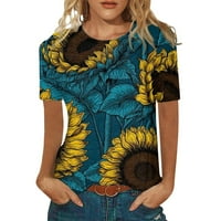 Košulje za žene Ženski povremeni suncokret Print Okrugli vrat Labavi majica kratkih rukava Top tamno