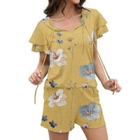 XIHBXYLY Clearence Set Dva odjeća za žene, ženska pamučna posteljina trenerke ruffle rukave casual gardet set v izrez plaža odijela # premijera danas žuti xl