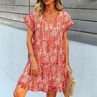 Clearsance Ljetne haljine za žene V-izrez cvjetni a-line mini casual haljina s kratkim rukavima crvena