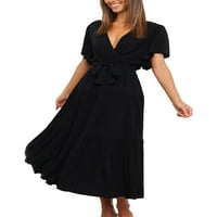 NOILLA dame ljuljačke haljine V izrez Ljeto MIDI haljina Čvrsta boja za žene mekani kratki rukav crni