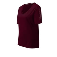 Ženska krošnica čipka V-izrez T-majice kratki rukav labav ugradnju tunika Čvrsta boja tee crvena m