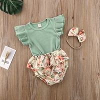 Canrulo Baby Girls Ruffle Romper Top Bloomer Cvjetni kratke hlače Outfits Outfits Green 12- mjeseci