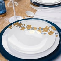 Ekokvalitet 7.5 Okrugle bijele plastične ploče s plavim i zlatnim vinovim dizajnom - Kina za jednokratnu upotrebu poput partijskih ploča, ploča za teške uvjete, ploča za večeru, desert, vjenčanje, serviranje