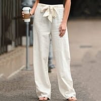 PXIAKGY Hlače za žene Bijele posteljine hlače za ženske pantalone za stezanje Džepne ležerne plus veličine