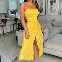 Haljina za žene, ženski modni temperament Seksi čvrsta boja bez naramenice nagnuta split haljina žuta