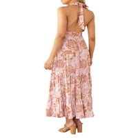 Ženska haljina za vezanje haljina, cvjetni printer izdubljene rukavice bez rukava rub dugačak haljina