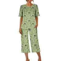 Ženska Plus size Dvodijelni pidžami setovi cvjetni print kratkih rukava Crewneck vrhovi i kapri hlače
