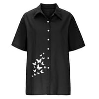 Pxiakgy bluza za žene dame casual labavo lično otisnuto rever dugme s kratkim rukavima crna + s