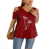 Capreze V izrez majica kratki rukav za žene modni rame Ljetne vrhove plaža maslačak print pulover vino