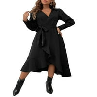 Elegantna V izrez Linija crna ženska haljina s dugim rukavima