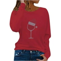 Prodaja Ženska modna ležerna dukserica Rhinestone Crveno vinsko staklo Grafički tiskani košulje dugih rukava Okrugli vrat Bluze pulover crvene s