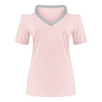 Zhizaihu Ljetne žene V izrez majica s pune boje kratkih rukava majica s ramena bluza ružičasta m