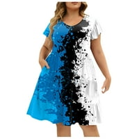 Ljetne haljine za žene kratki rukav A-linijski iznad koljena modna haljina s V-izrezom plava 2xl