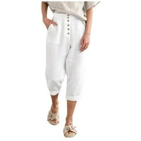 Oalirro Cargo Hlače Žene Torpy Obrezane pantalone Cargo Capris za žene sa džepovima Pamučna posteljina bijela