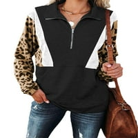 Fueri Womens Casual Leopard Ispis Dukseri V izrez Zip ovratnik prugasti pulover dugih rukava majice s prednjim džepom granice