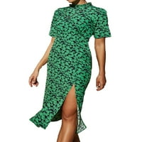 Pfysire Womens Retro kratki rukav cvjetni prorez elegantno midi haljina crna zelena s