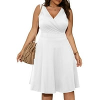 Ženske plus veličina Ležerne haljine Summer V-izrez rukava bez rukava Swing haljina s džepovima Bijela