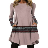 Leuncero cvjetna ispis Etinski haljina za žene Ležerne prilike s dugim rukavima s džepovima Pink 5xl