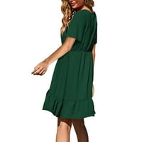 Ljetne haljine za žene tiskane V-izrez A-line Dužina koljena, TEMPERAMENT TREAME SWEEVE DRESS GREEN