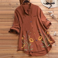 IOPQO Ženske majice Žene Ležerni cvijet Print Dugme Dugi rukavi O-izrez Labava majica TOP bluza Brown