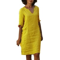 Ženska ljetna casual haljina pamučna i posteljina kratkih rukava za odmor polu V mini haljina od pune