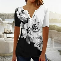 Ženska cvjetna tiskana kratkih rukava Henley V izrez majica Naslijeđena ležerna bluza za bluze tunike