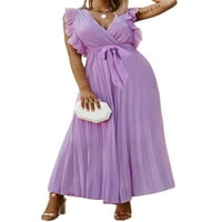 Ženska temperament duga haljina, pune boje ruffle rukave V izrez Pleased šifonske haljine sa pojasom