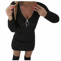 Wofedyo Haljine za žene Čvrsta pletena haljina patentni patentni pauze s dugim rukavima mini tanki pulover haljina crne haljine za žene