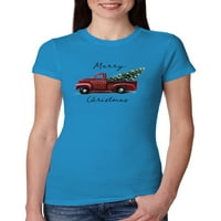 Sretan božićni crveni kamion s božićnim ženama Slim Fit Junior Tee, tirkizni, 2xl