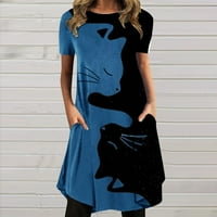 Ljetne haljine za žene kratki rukav A-line midi haljina labava okrugla dekolte otisnuta plaža Plava