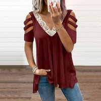 Modna ženska seksi V-izrez čipkaste patchwork majica kratkih rukava bluza vrhovi vino s