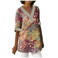 Ženska modna labava ležerna tiskana čipkasta patchwork V-izrez T-izrez Top