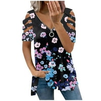 Ženske košulje Ženska modna casual sa zatvaračem s V-izrezom tiskana majica s kratkim rukavima s kratkim rukavima Top Black XL
