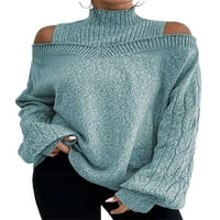Glookwis dame džemper od pune boje pleteni džemperi puff rukava Jumper vrhovi partija labav pulover hladno rameno plavo l