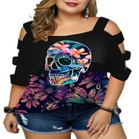 Glookwis Ladies Skull Print Tunic Fashion Pulover Loove Baggy bluza Kratki rukav prevelizirani majica
