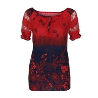 Puntoco Womens Plus Veličina Ljetne košulje Žene kratkih rukava V-izrez Tipka za tiskane čipke Labavi majica Bluza Crvena 14